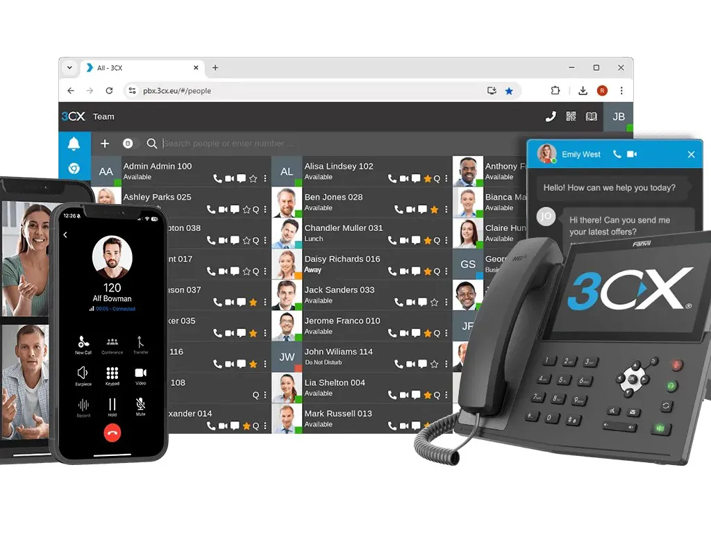 3CX Telefonanlage: Weboberfläche mit Kontaktliste, App auf dem Smartphone und Tischtelefon