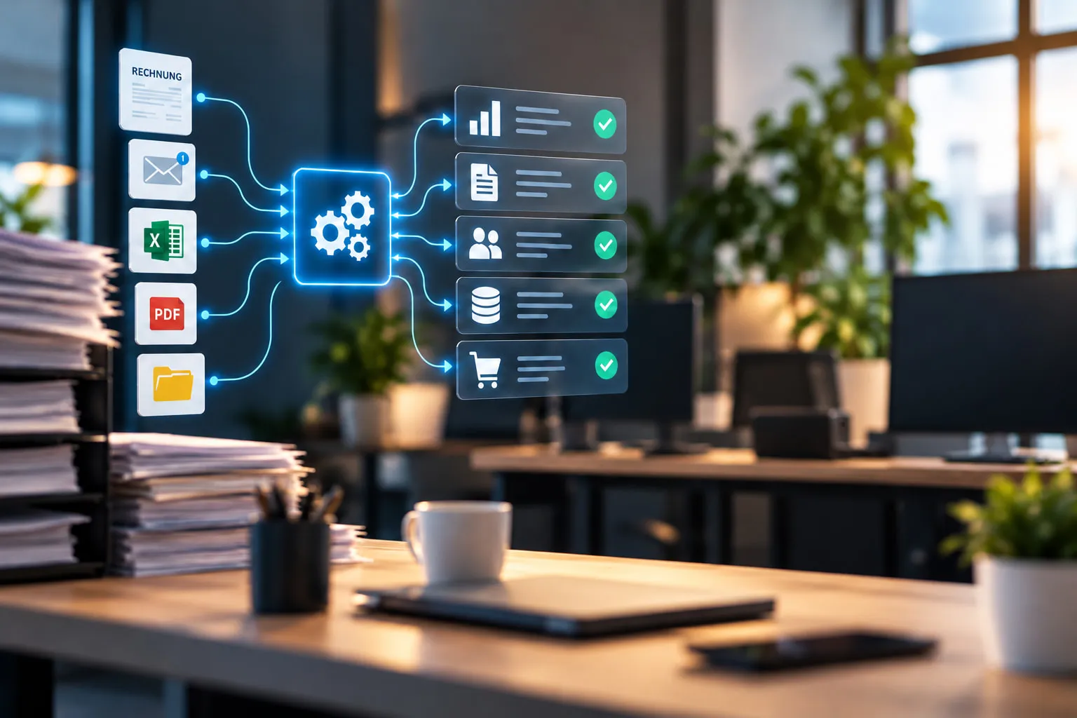 Schreibtisch mit Aktenstapeln, darüber eingeblendet laufen Rechnungen, E-Mails, Excel- und PDF-Dateien automatisch in die richtigen Systeme