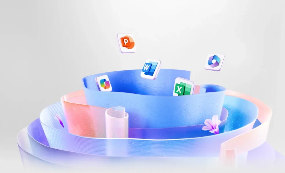 Microsoft 365 mit den Symbolen von Word, Excel, PowerPoint und Copilot