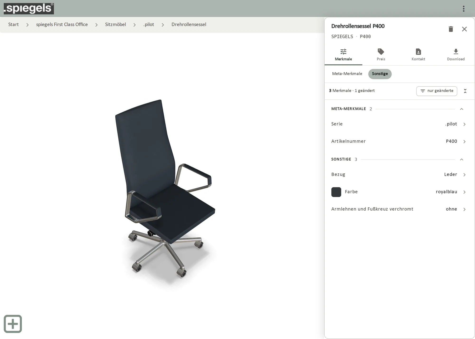 3D office WebKatalog im Browser mit dem Chefsessel .pilot P400 von spiegels als 3D-Modell und seinen Merkmalen wie Bezug und Farbe