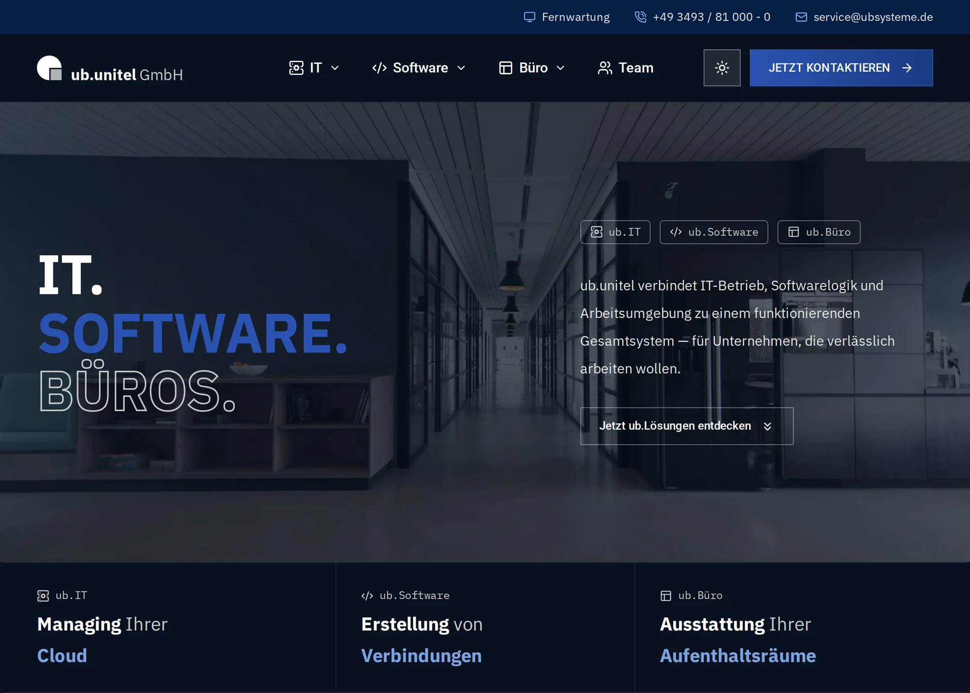 Startseite der neuen Website von ub.unitel mit der Überschrift „IT. Software. Büros.“